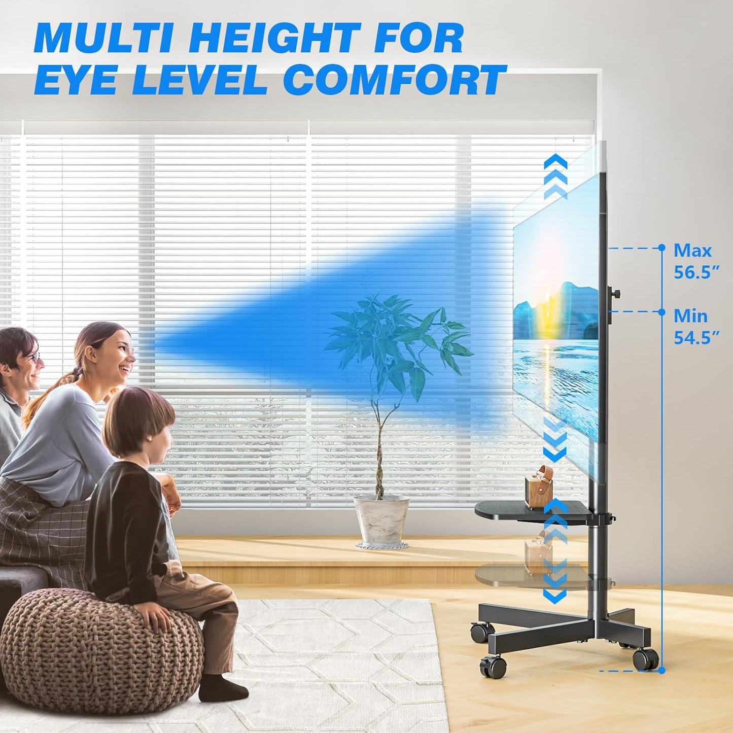 Rolling TV Stand with Shelf for 23-65 Inch Tvs up to 88Lbs, Portable Mobile TV Cart with Silent Wheel, Tilt & Height Adjustable Universal Corner TV Stand for Bedroom, Living Room, Office