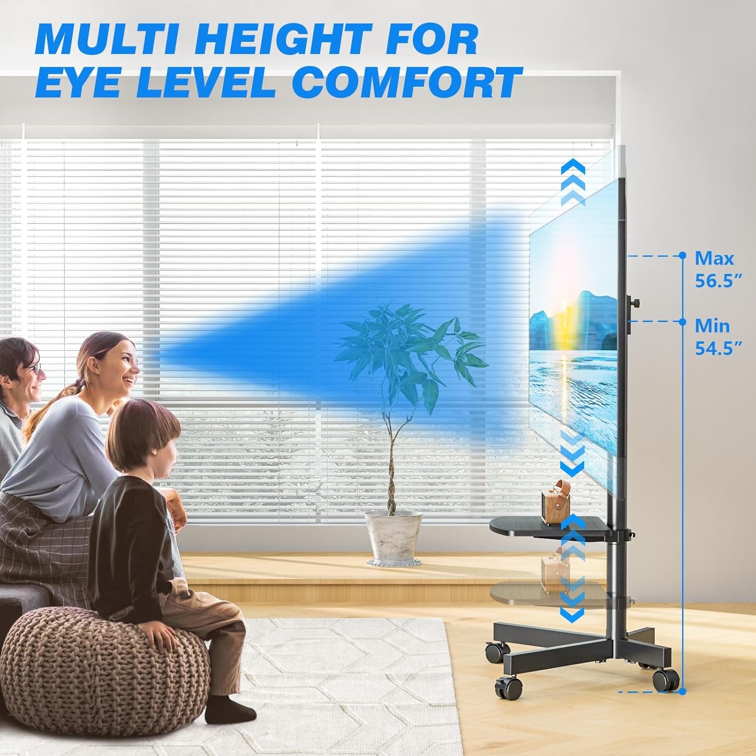 Rolling TV Stand with Shelf for 23-65 Inch Tvs up to 88Lbs, Portable Mobile TV Cart with Silent Wheel, Tilt & Height Adjustable Universal Corner TV Stand for Bedroom, Living Room, Office