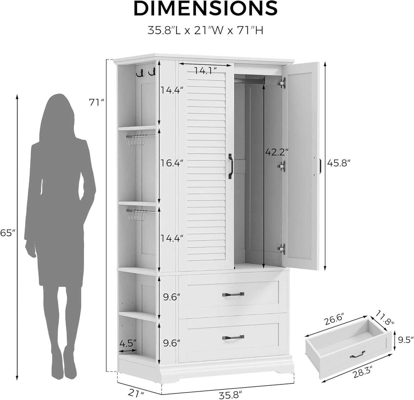 Armoire Wardrobe Closet, 70.87" H Wooden Bedroom Armoire with 2 Louvered Doors, 2 Drawers and Shelves, Large Freestanding Clothing Storage Cabinet, White