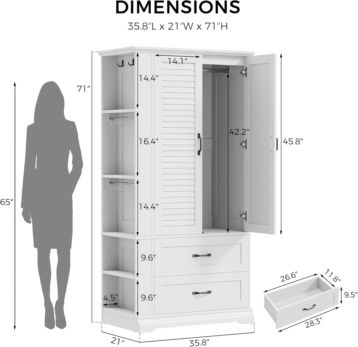 Armoire Wardrobe Closet, 70.87" H Wooden Bedroom Armoire with 2 Louvered Doors, 2 Drawers and Shelves, Large Freestanding Clothing Storage Cabinet, White