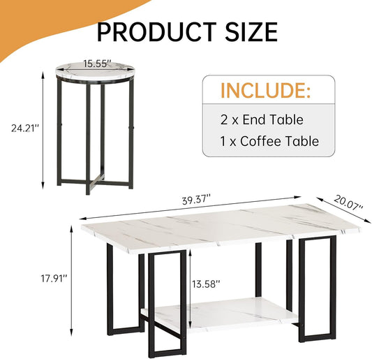3 Pieces Living Room Table Set, Faux Marble Coffee Table with 2 round End Side Tables, Coffee Table Set with Metal Frame for Apartment Home Office, White Black