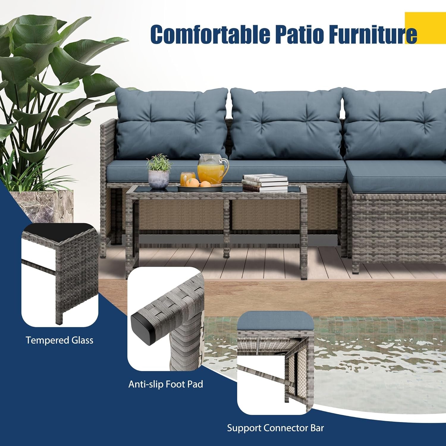 3 Pieces Patio Furniture Sets, All-Weather Wicker Outdoor Sofa Couch Sectional Set, Small Conversation Set for Patio, Garden W/Cushion, Glass Table, (Blue)