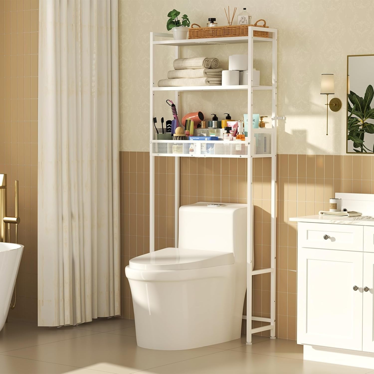 3-Tier over the Toilet Storage Shelf, Metal over Toilet Bathroom Organizer with Dividers, Freestanding Bathroom Space Saver Rack with Adjustable Shelf & Feet, White