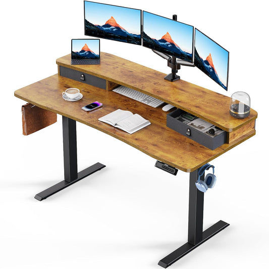 55″ X 26″ Electric Standing Desk with 2 Drawers, C-Clamp Mount Compatible, Height Adjustable Computer Desk, Home Office Stand up Desk with 4 Preset Heights & 2 Hooks, Vintage Brown