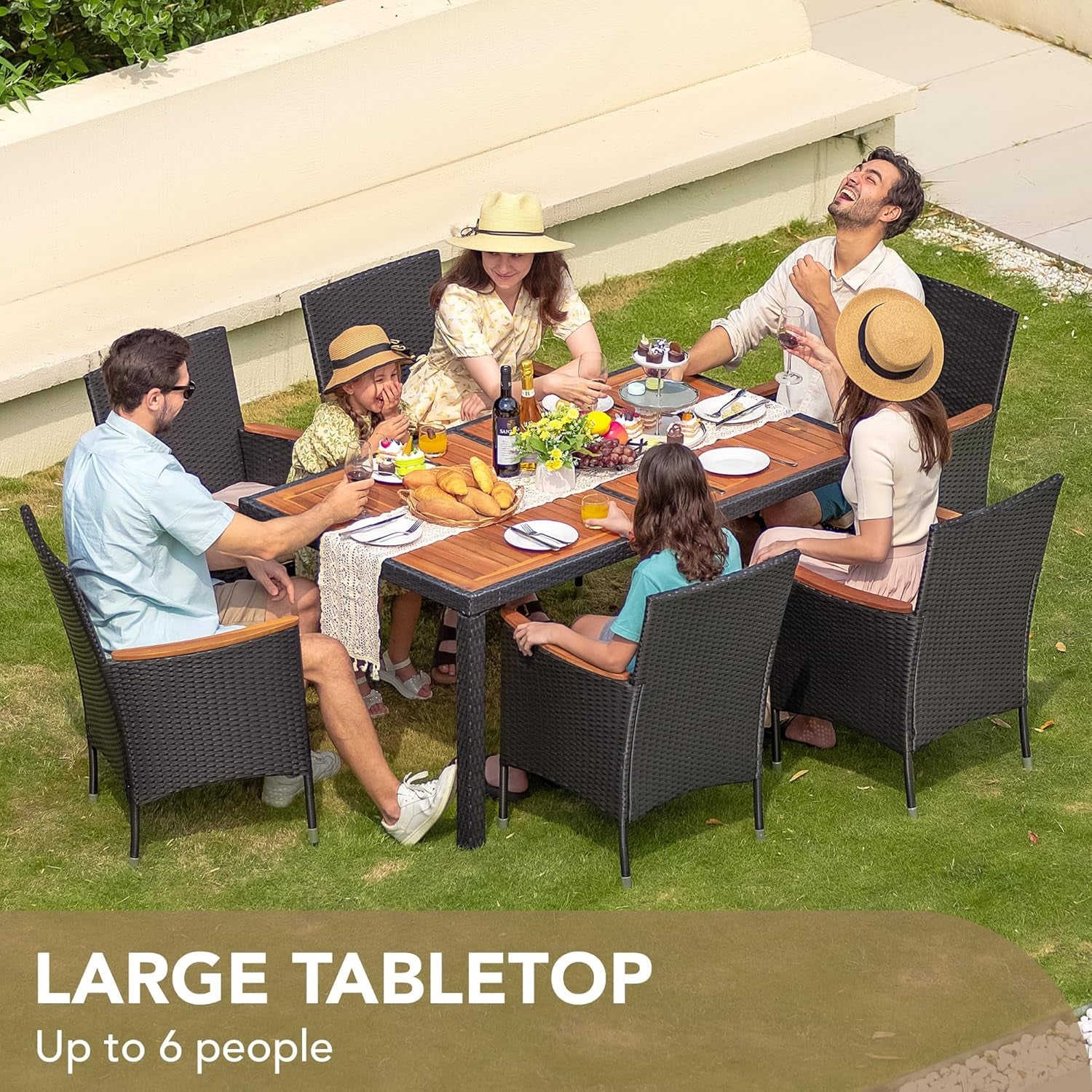 Dining 7 PCS Furniture, Patio Conversation Set with Acacia Wood Table Top, Outdoor, Beige Cushion and Black Rattan