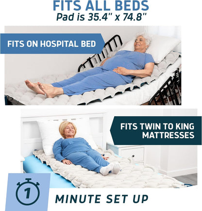 Alternating Air Pressure Mattress Pad with Static Mode & Flocking Add-On - Comfortable Bed Sore Prevention - Includes Mattress Topper for Hospital Bed or Home & Quiet Pump - Doctor Recommended