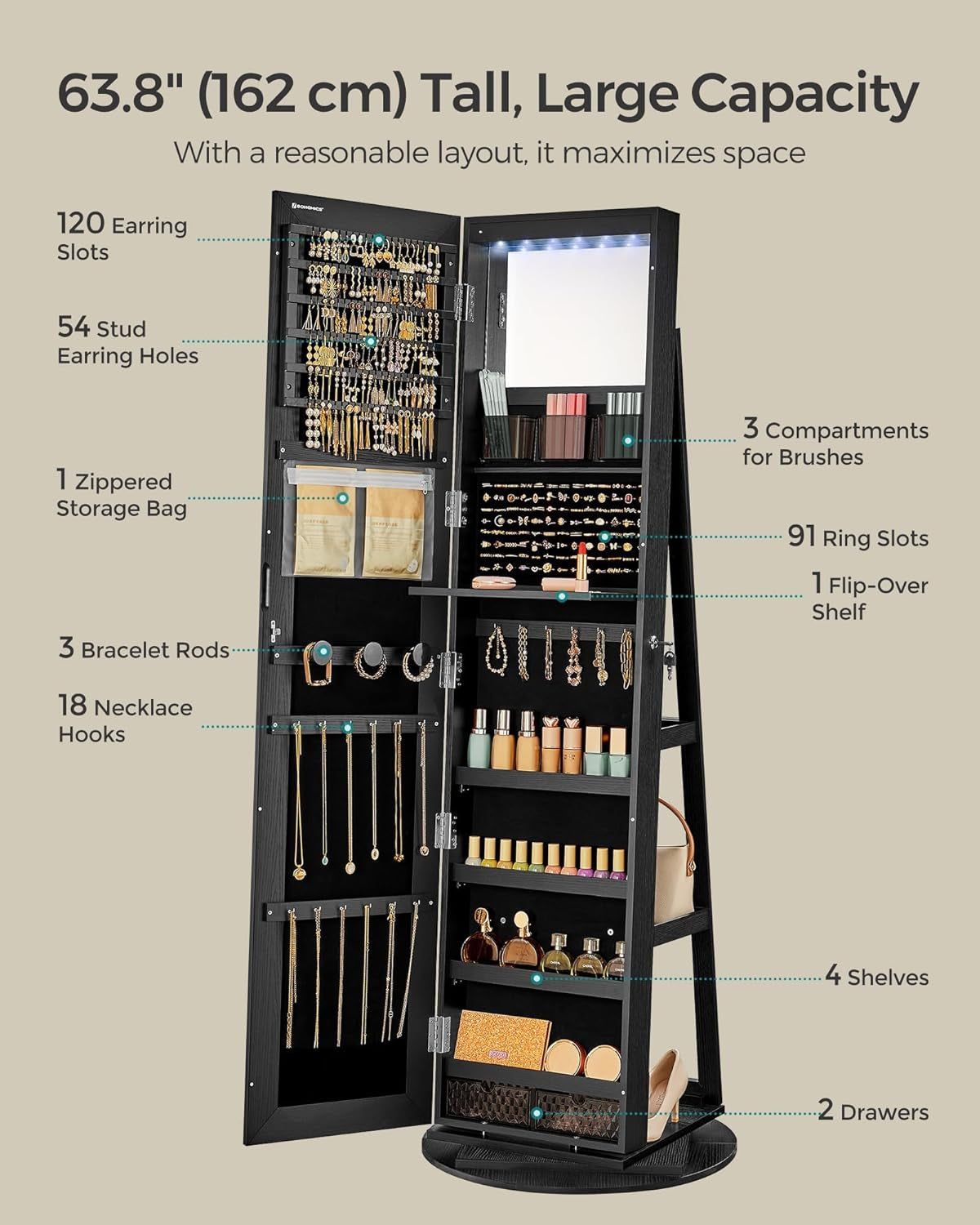 6 Leds Lockable Mirror Jewelry Cabinet, 360° Swivel Jewelry Organizer Armoire Standing, Frameless Full-Length Mirror, 3 Storage Shelves, Black Surface, Black Lining UJJC007B01