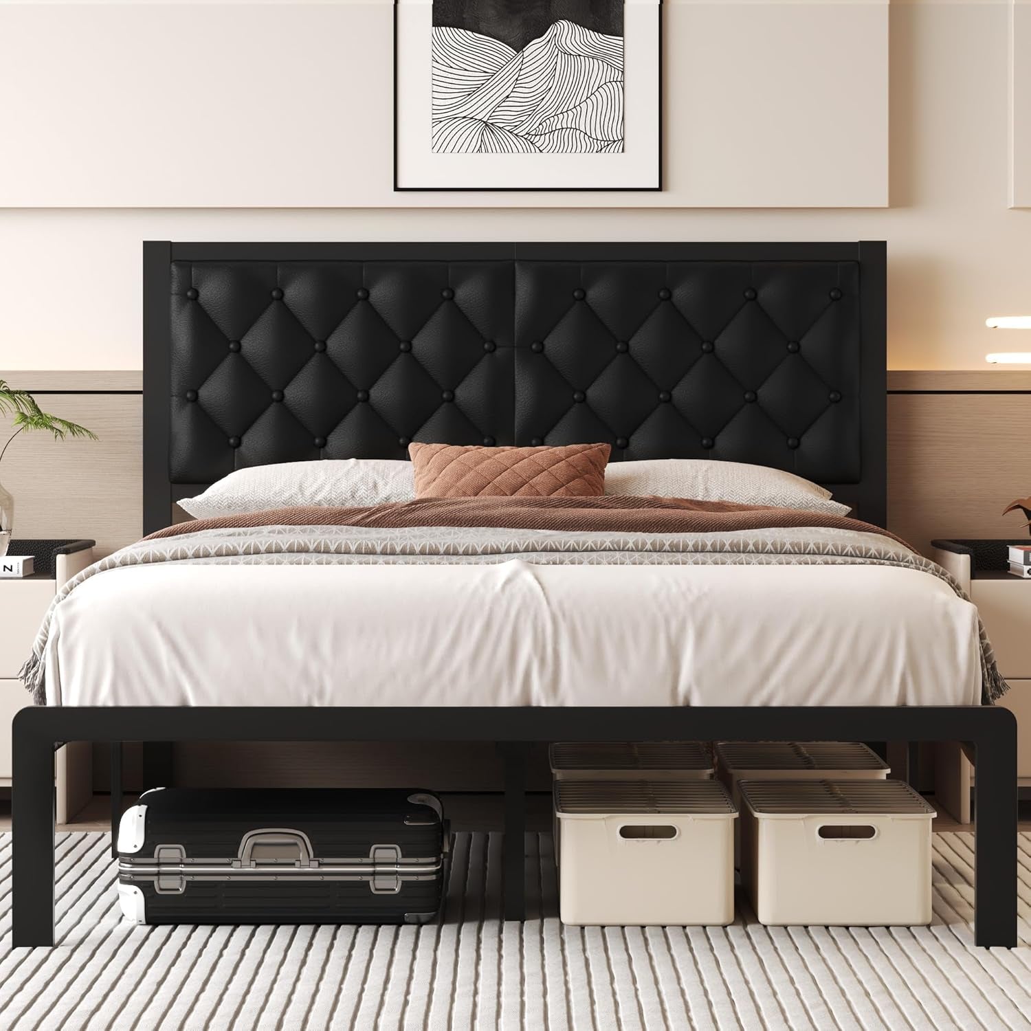 Queen Bed Frame with Headboard PU Leather Upholstered Bed Frame Platform,All Metal Slats Support Platform Bed Frame with Storage Space,Easy Assembly,Noise Free,No Box Spring Needed,Black