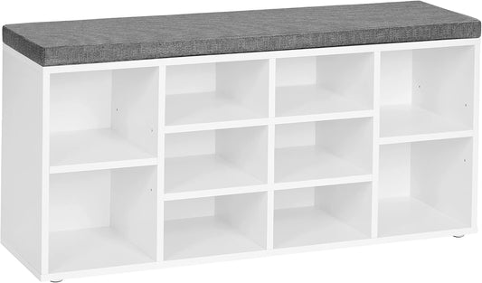 CUSTOS Collection - Shoe Bench, Storage Bench with Padded Seat, Entryway Bench with 10 Compartments, for Bedroom, 11.8 X 40.9 X 18.9 Inches, Cloud White and Dove Gray ULHS010W01