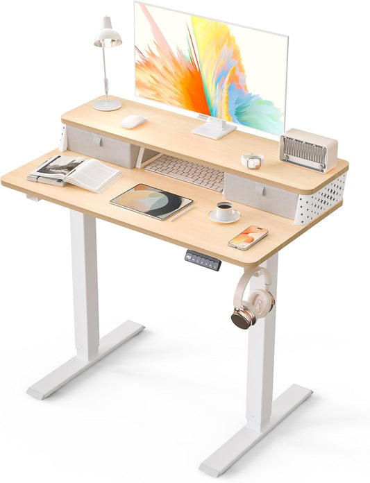 35 X 20 Inch Small Electric Standing Desk with Dual Drawers, Height Adjustable Sit to Stand Computer Desk with Storage Shelf and C-Clamp Mount Compatibility for Home Office, Nature