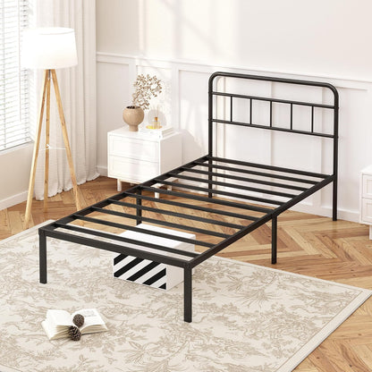 12 Inches Twin Size Bed Frame with Minimalist Headboard,Metal Platform Base with Strong Metal Slats,Mattress Foundation for under Bed Storage,Easy Assembly,Black