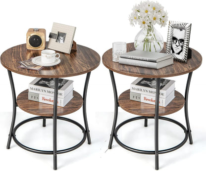 round End Table Set of 2, Industrial Side Table with 2 Storage Shelves & Sturdy Metal Frame, Versatile Bedside Table for Bedroom Living Room Small Space, Easy Assembly (2, Brown)