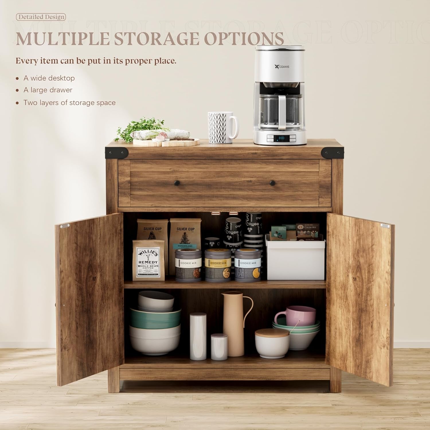 Coffee Bar and Accent Cabinet, Farmhouse Barn Door Buffet Sideboard with Drawer and Adjustable Shelf, Wide Desktop for Kitchen, Dining Room, Bathroom, Entryway, Brown