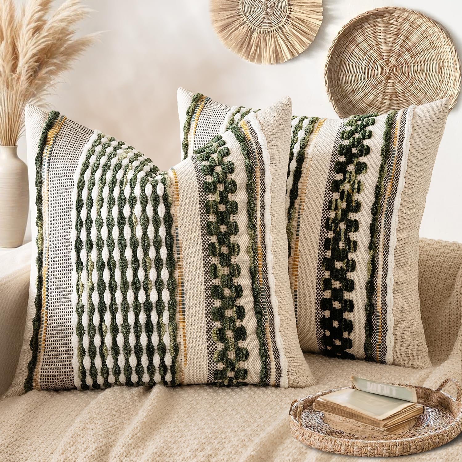 Pack of 2 Boho Decorative Throw Pillow Covers 18X18 Farmhouse Cushion Case Striped Chenille Pillow Cases Square Pillow Covers Accent Neutral Pillowcase for Sofa Couch Bed, Olive Green Stripe