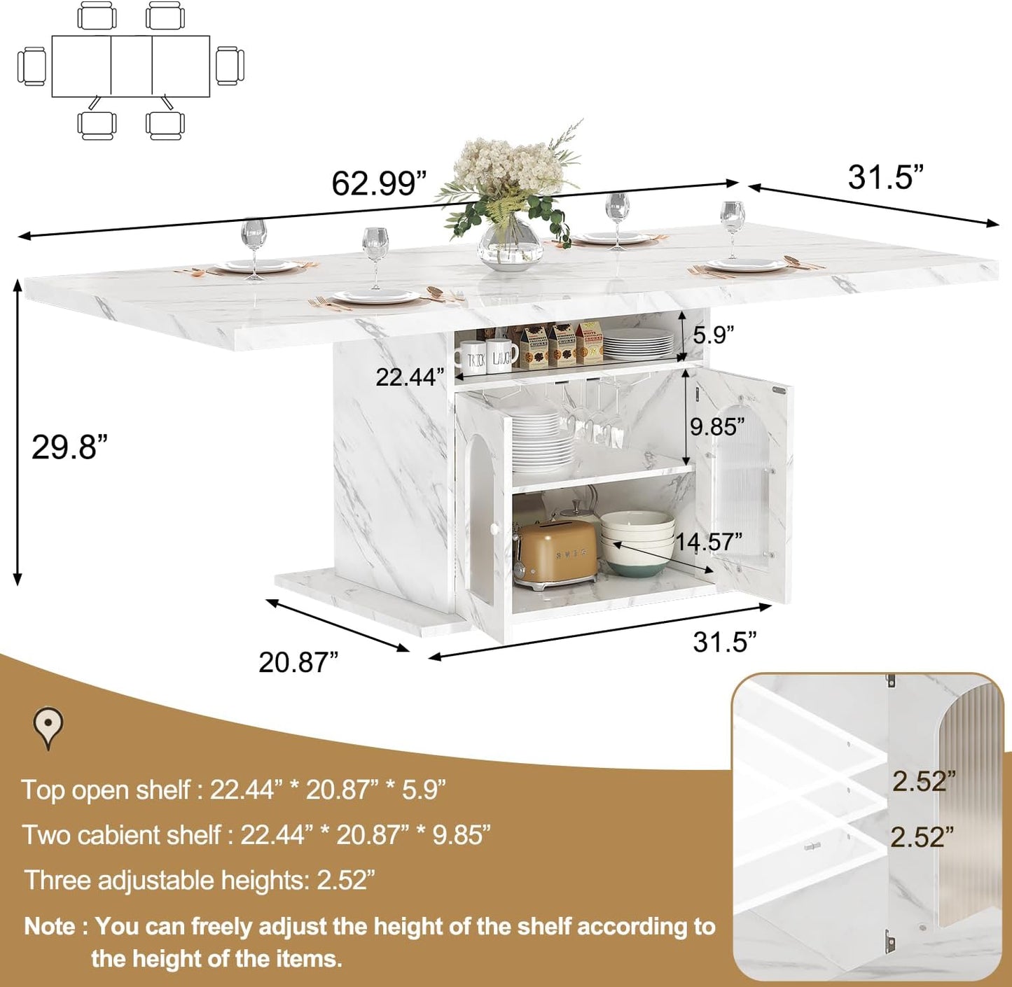 Dining Table for 4–6, 63" Modern Kitchen Dining Room Table with Storage Shelves & Acrylic Door Cabinet,Wood Rectangle Dinner Table with Faux Marble Top for Home Apartment, White Faux Marble