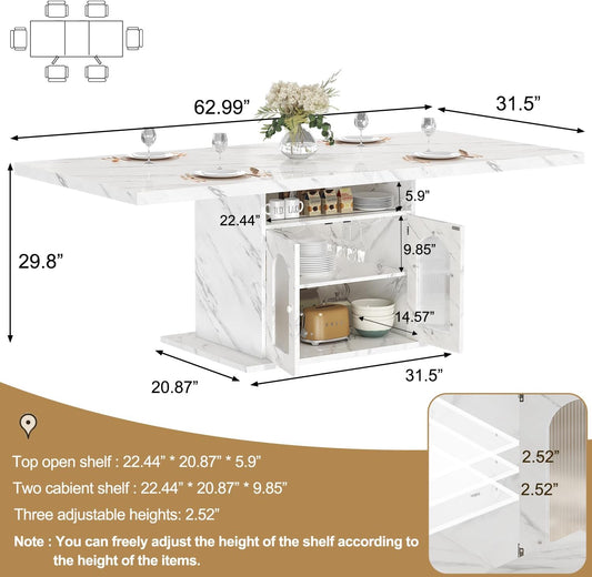 Dining Table for 4–6, 63" Modern Kitchen Dining Room Table with Storage Shelves & Acrylic Door Cabinet,Wood Rectangle Dinner Table with Faux Marble Top for Home Apartment, White Faux Marble