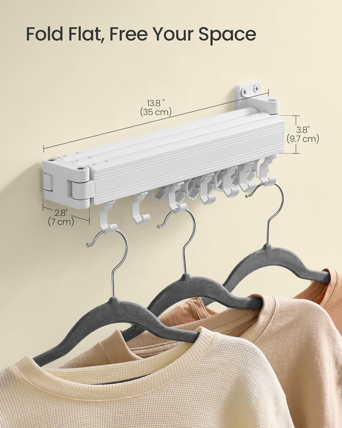 Clothes Drying Rack, Wall-Mounted Laundry Drying Rack, Extendable, Foldable Arms, with 21 Swivel Sliding Hooks, Space-Saving, for Laundry Room, Bathroom, Cloud White ULLR807W01
