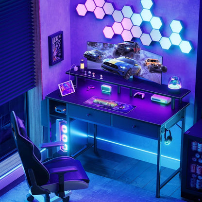 Black Gaming Desk with Shelves and Drawers - 39 Inch Small Gaming Desk with Storage Shelves for Boys Teens Bedroom, Black Computer Desks with Drawers, Monitor Stand, Power Outlet