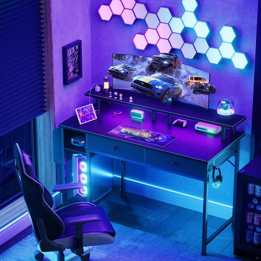 Black Gaming Desk with Shelves and Drawers - 39 Inch Small Gaming Desk with Storage Shelves for Boys Teens Bedroom, Black Computer Desks with Drawers, Monitor Stand, Power Outlet