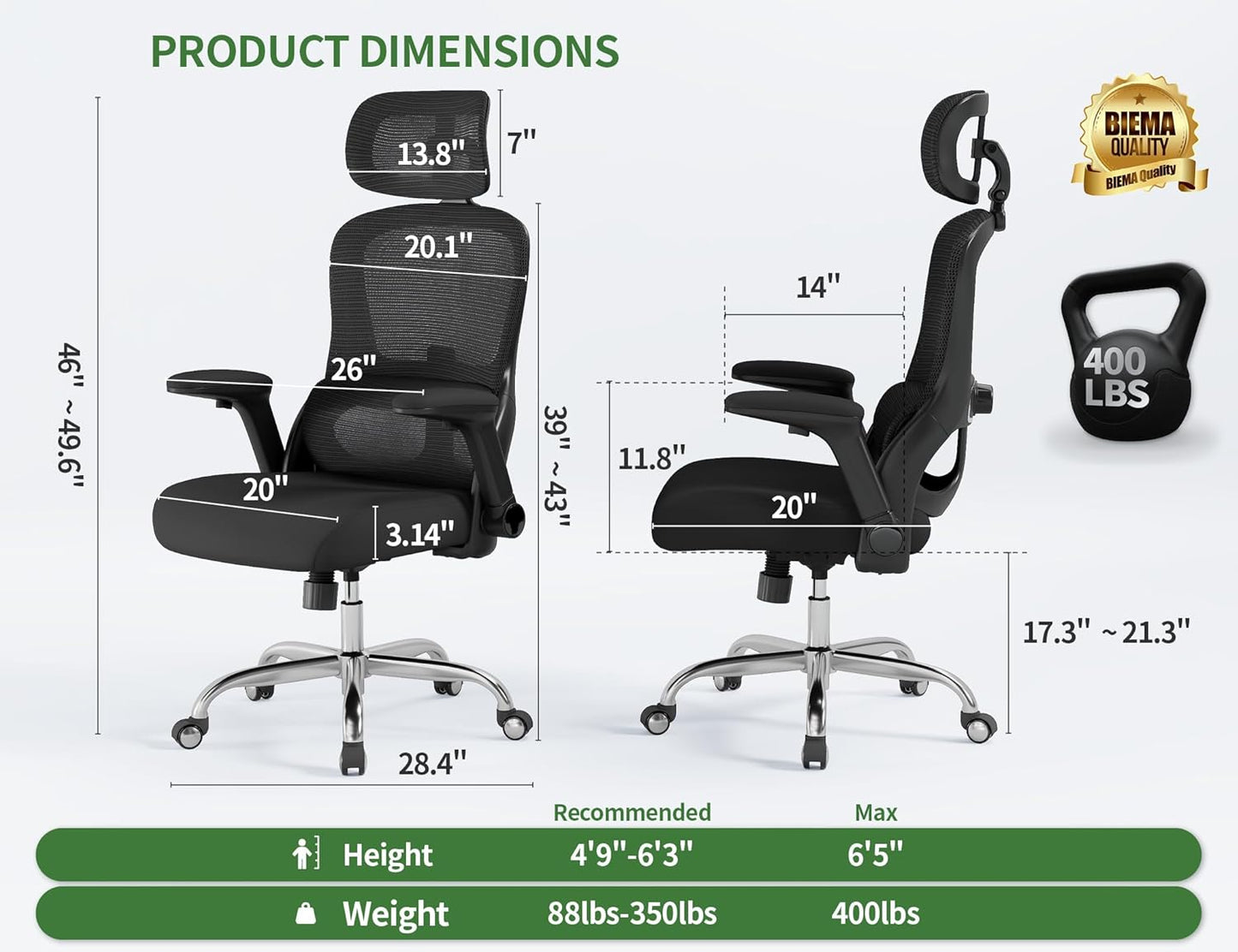 Ergonomic Office Chair: 400LBS Computer Desk Chair Comfy-Black Big and Tall Office Chair with Lumbar Support & Headrest-Gaming Chairs for Adults-Executive Office Rolling Chairs for Home Work