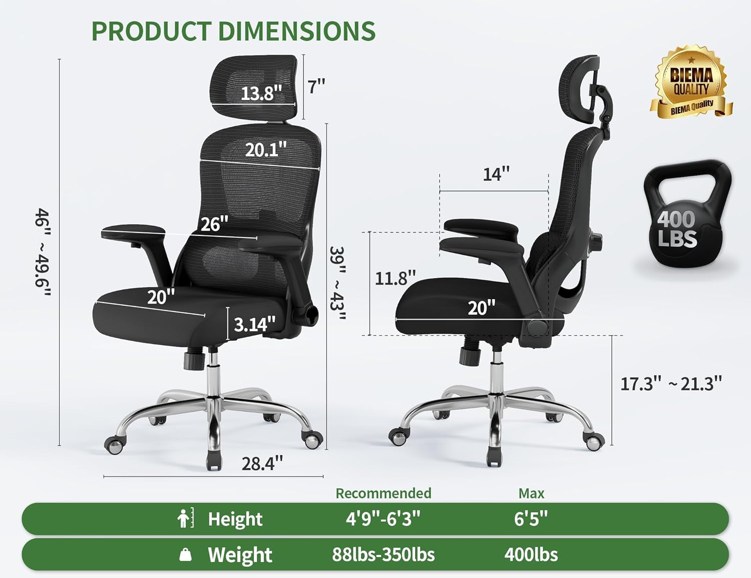 Office Chair - Ergonomic Desk Chair with Adjustable Headrest Lumbar Support Computer Chair - Mesh Comfy Chairs with Flip-Up Armrests - Big and Tall Gaming Chairs for Adults Home Office(Beige)
