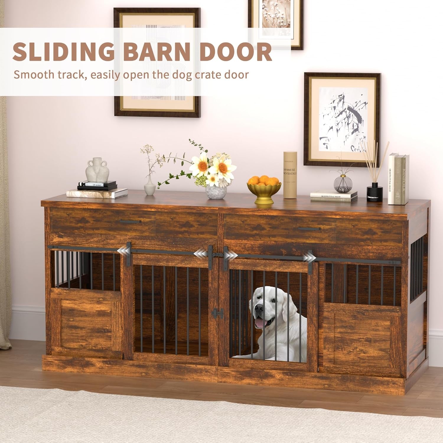 Large Dog Crate Furniture for 2 Dogs 71 Inches Decorative Indoor Dog Kennel Furniture with 2 Drawers XXL Heavy Duty Dog Crates Cage Furniture with Removable Divider and Sliding Doors Brown