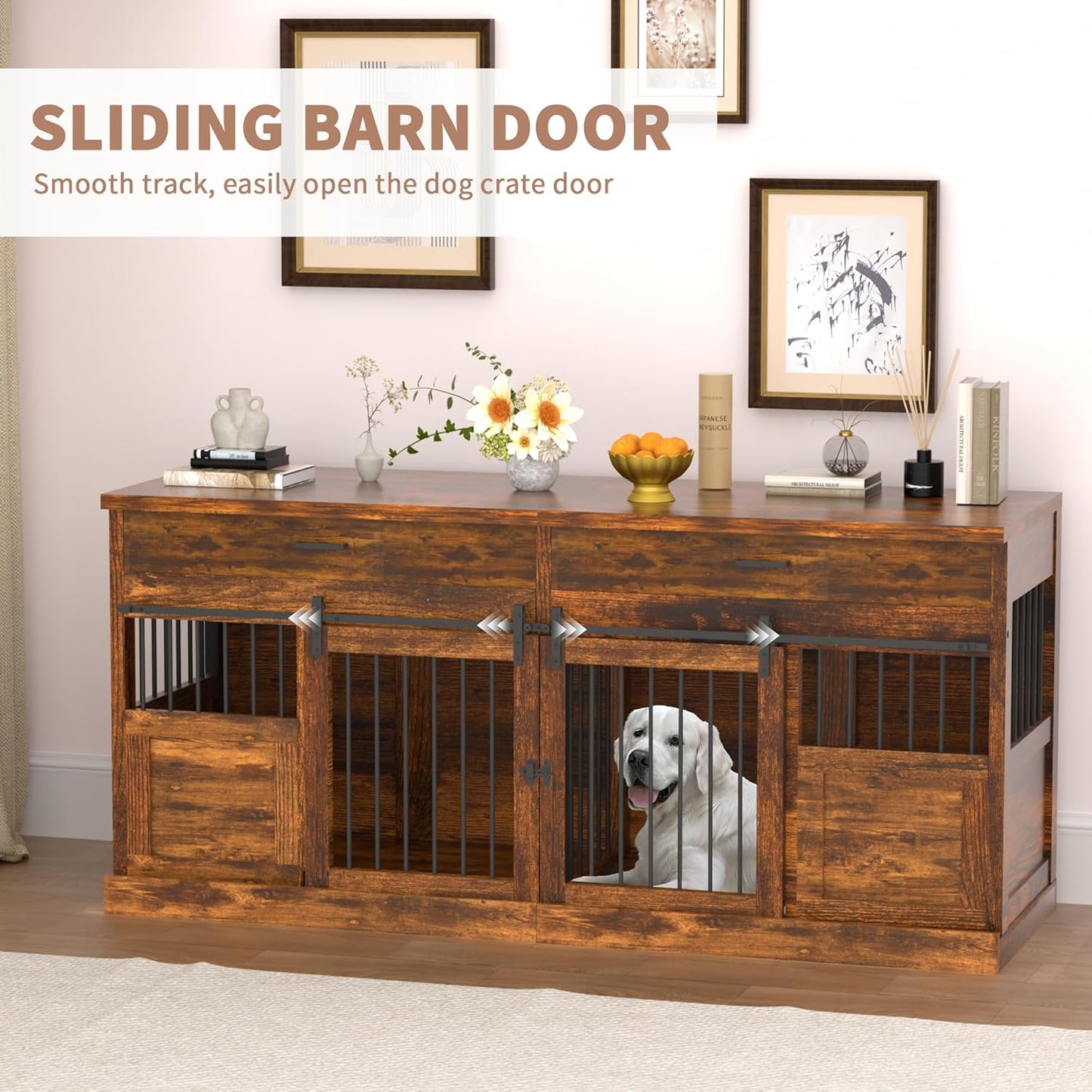 71 Inches Extra Large Dog Crate Furniture Indoor Wooden Dog Kennel Furniture Heavy Duty Dog Crates TV Stand with Removable Divider for 2 Large Medium Small Dogs Black