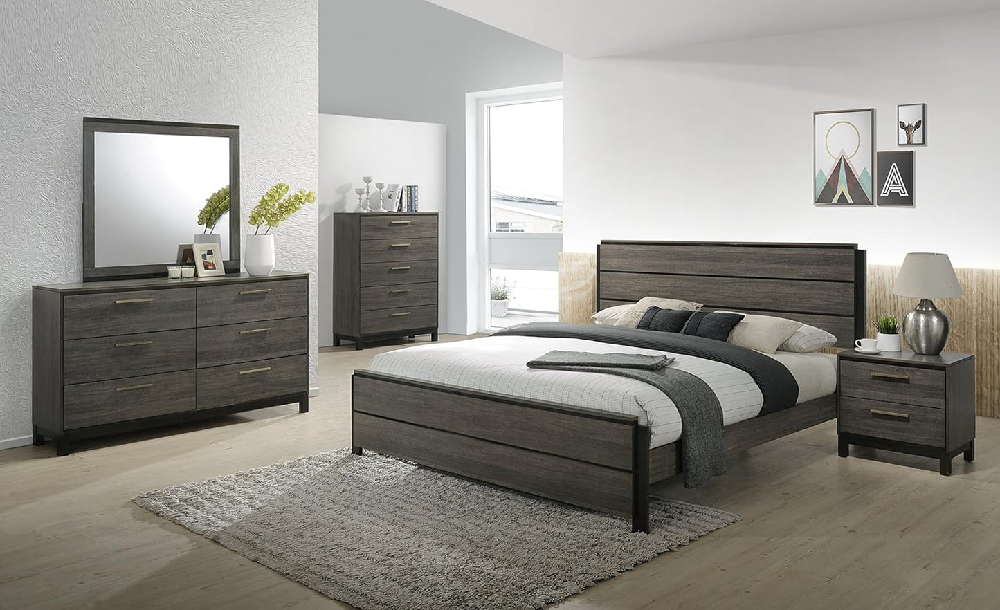 Ioana 187 Antique Grey Finish Wood Bed Room Set, King Size Bed, Dresser, Mirror, Night Stand, Chest