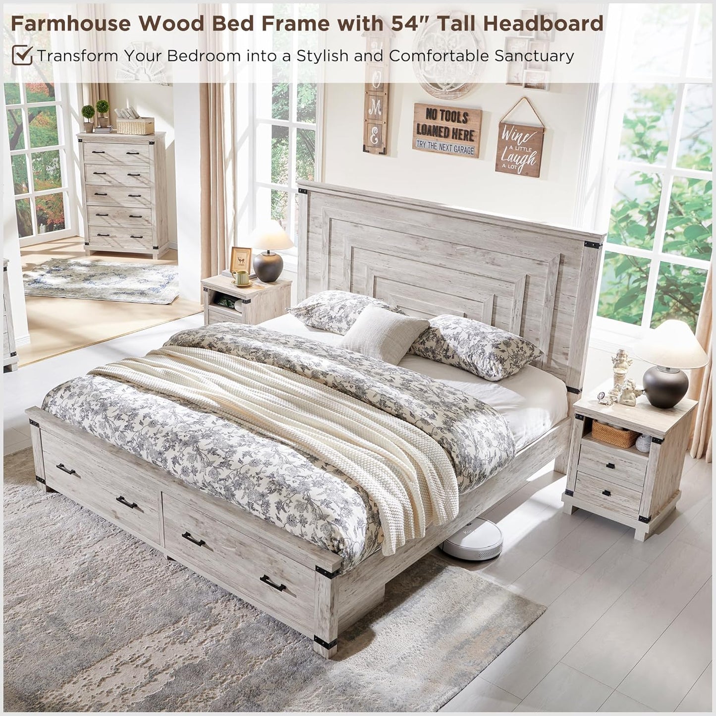 Farmhouse King Size Wood Bed Frame with 54" Tall Geometric Headboard, 2 Large Storage Drawers, Solid Wood Slats Support, Noise Free, No Box Spring Needed, Antique Brush White