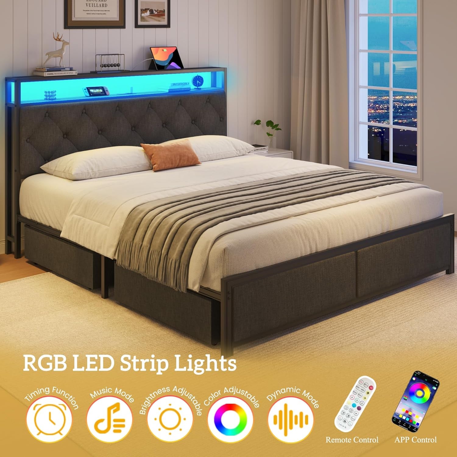 Queen Bed Frame with 4 Drawers, Upholstered Headboard with Storage, Fast Charging Station, LED Lights, Bed Frame Queen Size with Fabric Drawers, No Box Spring Needed, Easy Assembly, Grey