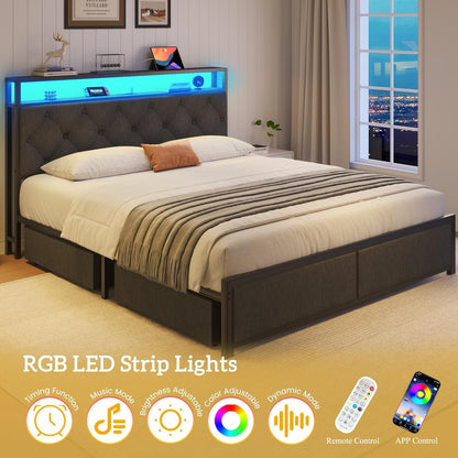 Queen Bed Frame with 4 Drawers, Upholstered Headboard with Storage, Fast Charging Station, LED Lights, Bed Frame Queen Size with Fabric Drawers, No Box Spring Needed, Easy Assembly, Grey