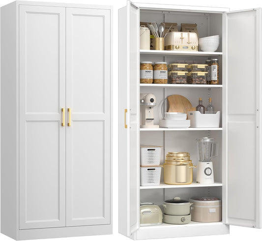 71" Kitchen Pantry Cabinet, Pantry Storage Cabinet with Doors and 4 Shelves, Metal Storage Cabinets for Kitchens, Living Room, Dinning Room, Assembly Required, White