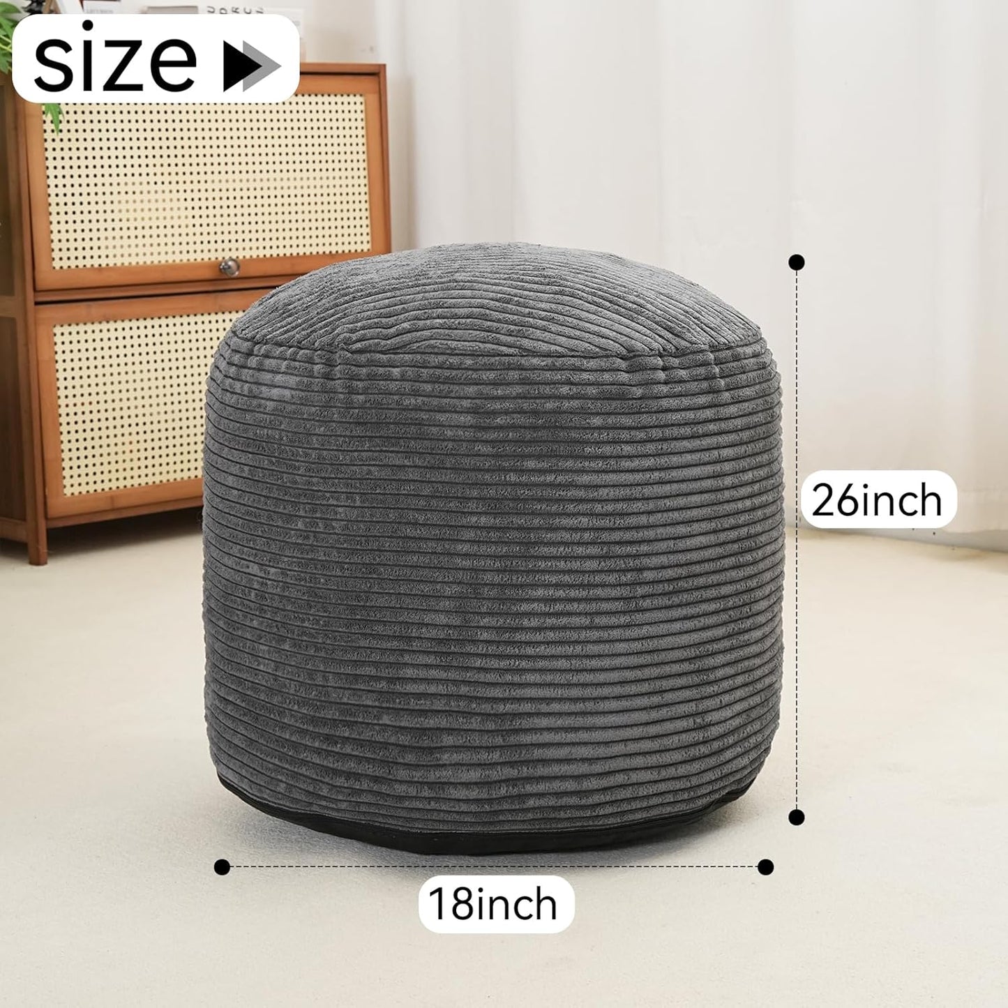 Pouf Ottoman Stuffed round Modern Foam Filled Foot Rest Corduroy Poufs for Living Room Chair Decorative 20 X 15 Inches Fluffy Pouf Foot Stool Storage Ottoman, Dark Grey