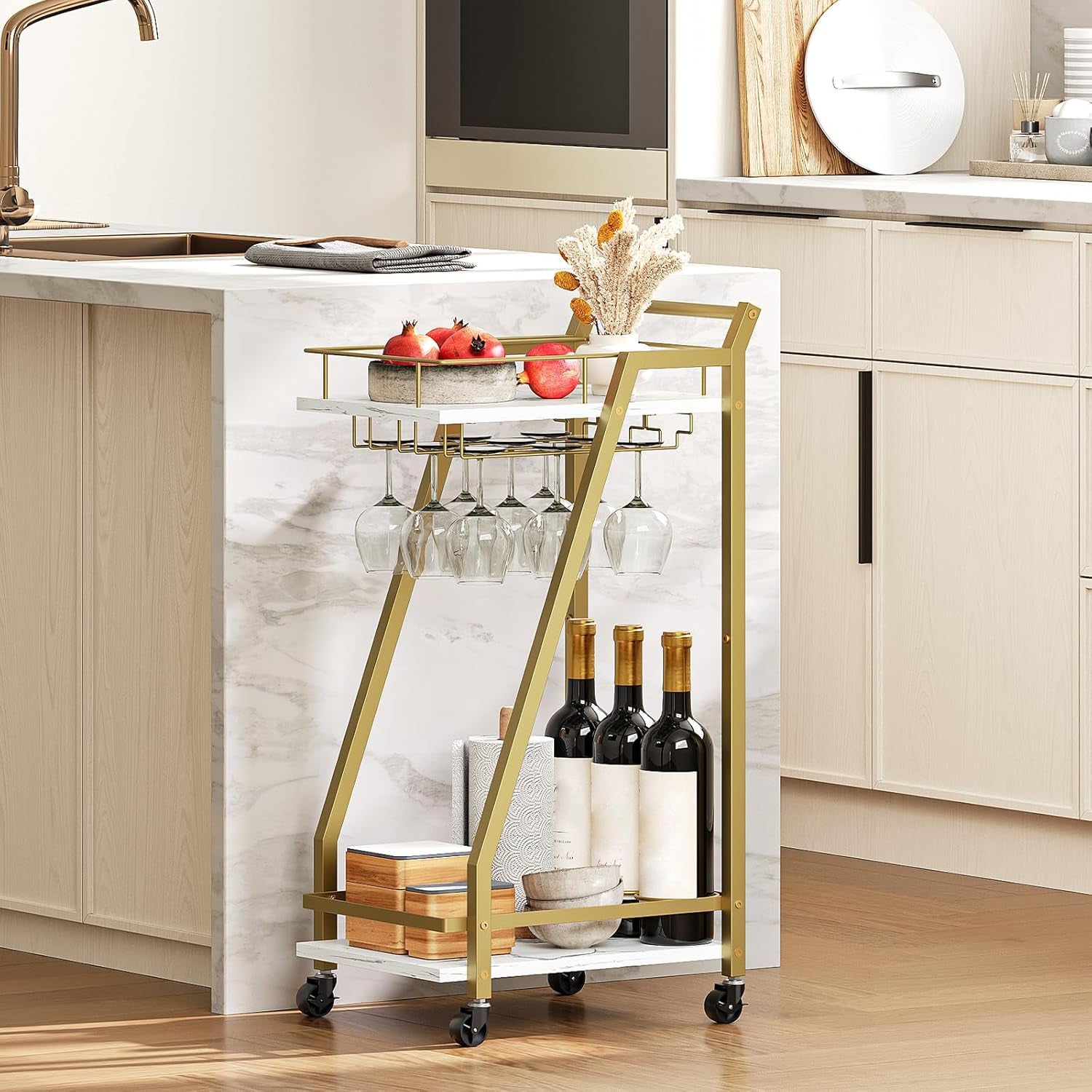 Bar Cart Gold, Home Bar Serving Cart, Kitchen Cart, Rolling Beverage Cart & Wine Rack and Glass Holder 2 Storage Shelves, Cocktail Cart for Home Dining Party, White and Gold DM27TC01