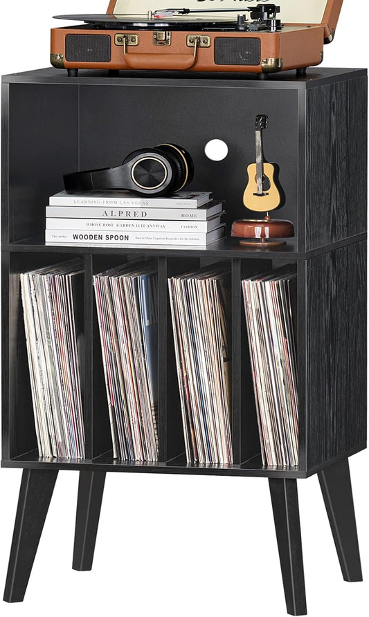 Record Player Stand, Black Turntable Stand Holds up to 160 Albums, Mid-Century Vinyl Storage Cabinet Table with Solid Wood Legs, Record Player Holder Dispaly Shelf for Bedroom Living Room
