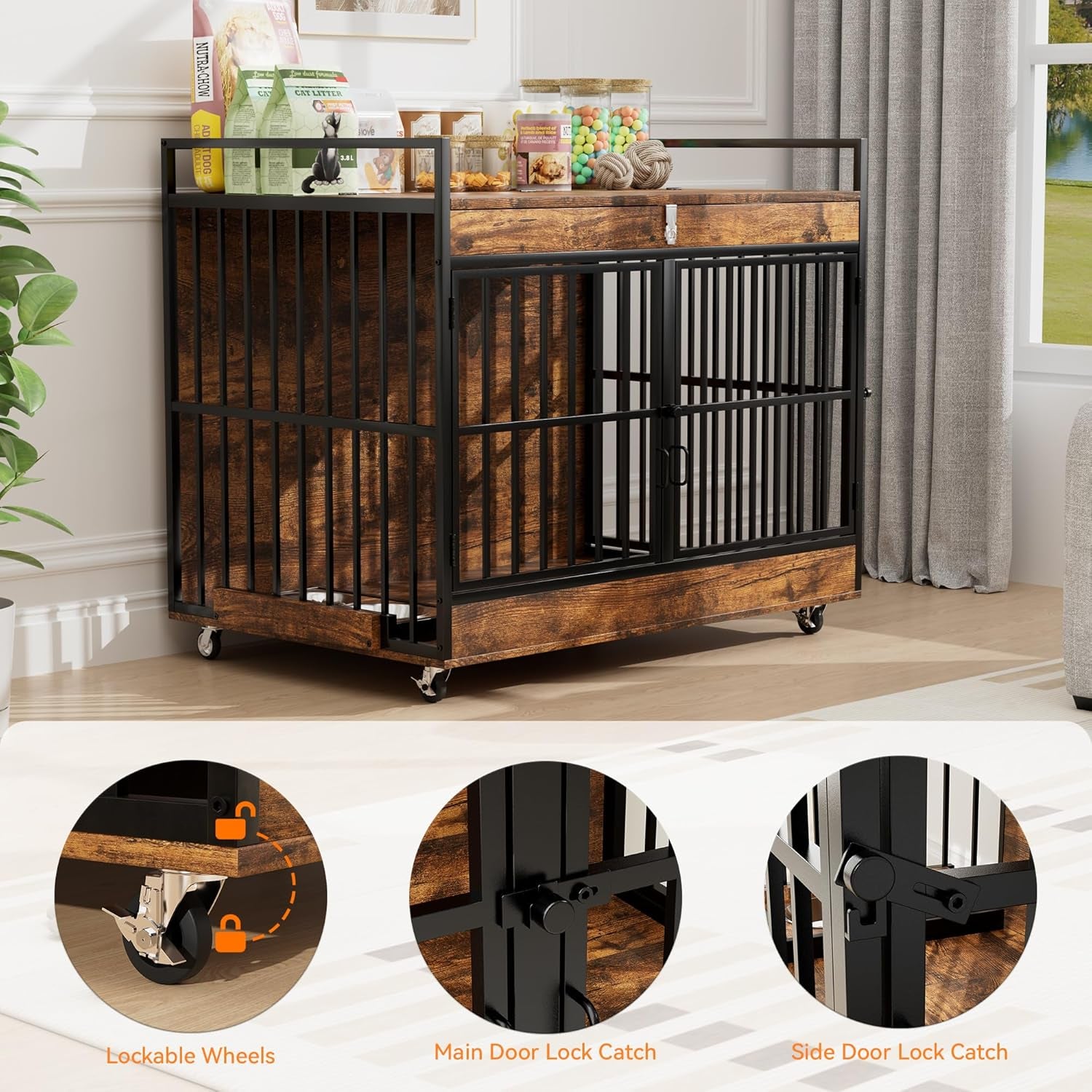 45 Inch Dog Crate Furniture for Large Dog with 2 Stainless Steel Bowls, Large Wooden Dog Crate Table, XL Heavy Duty Dog Kennel Indoor, for Decorate House as TV Stand, End Table