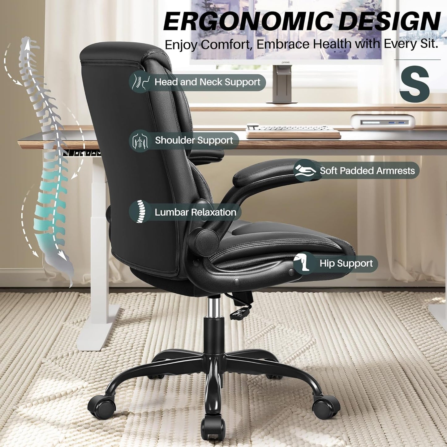 Leather Office Chair - Small PU Ergonomic Desk Chair, Comfy Computer Chair with Wheels and Flip-Up Armrests, Adjustable Height Mid Back Executive Office Chair for Short People-Black