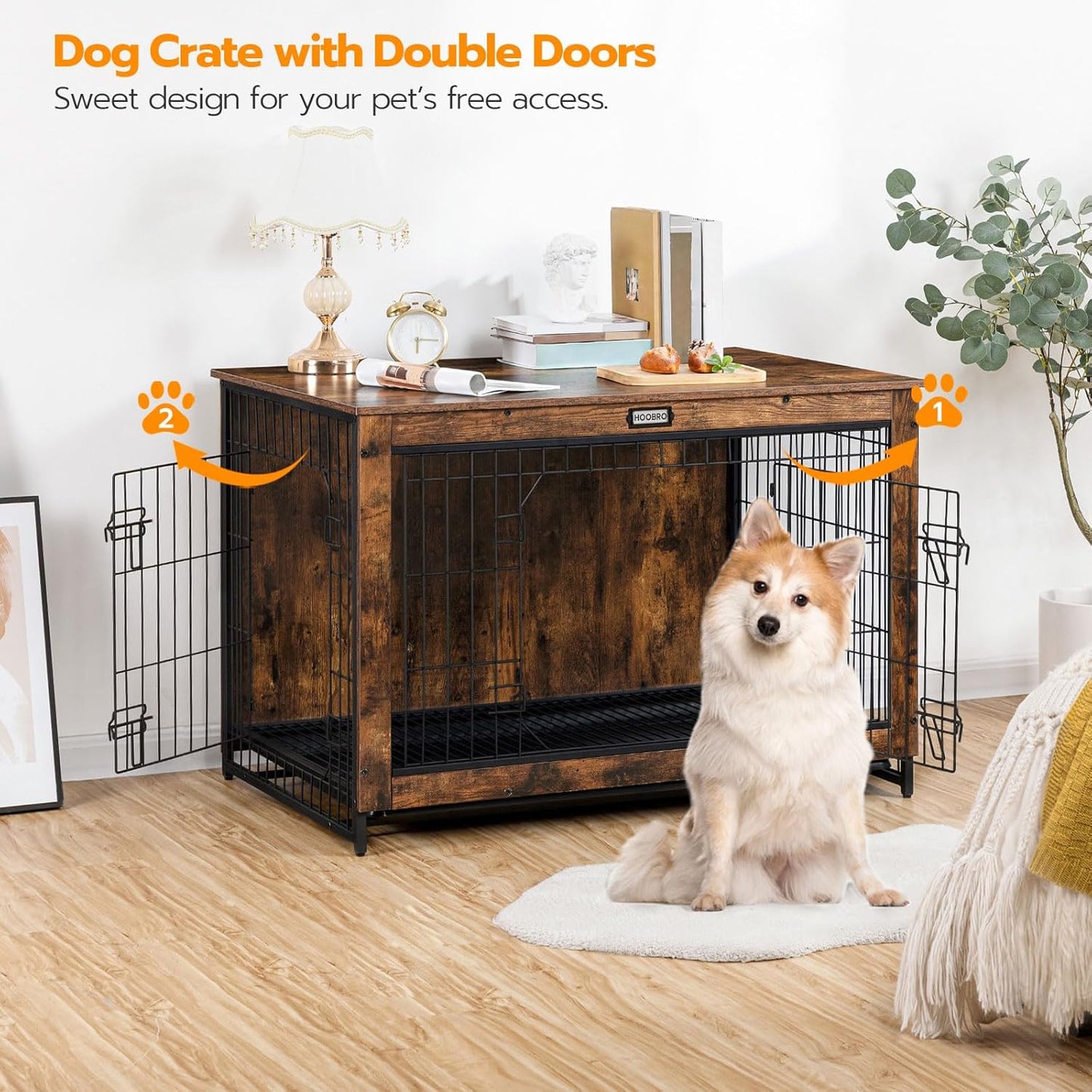 Dog Crate Furniture, 32.5" Medium Dog Kennel Indoor, Wooden Cage with Pull-Out Tray, Double Doors Pet House Side End Table for Medium/Small Dogs, White DW802GW03