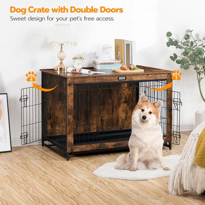 Dog Crate Furniture, 38.6" Large Dog Kennel Indoor, Wooden Cage with Pull-Out Tray, Double Doors Pet House Side End Table for Large/Medium/Small Dogs, Greige BG982GW03