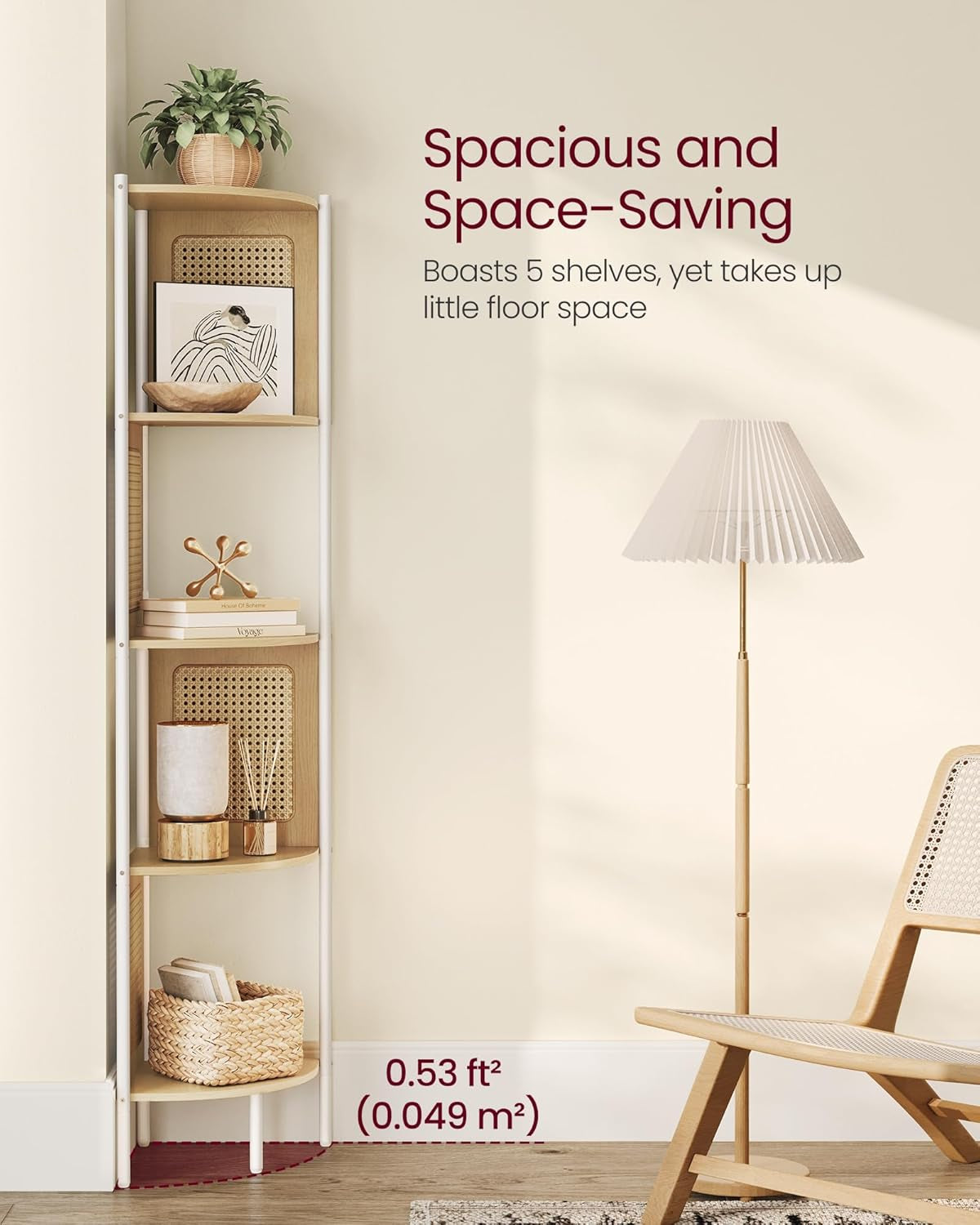 5-Tier Corner Shelf Stand, Boho Corner Bookshelf with Polyrattan Sides, Plant Stand for Living Room Bedroom Study Kitchen, Oak Beige ULLS588Y57