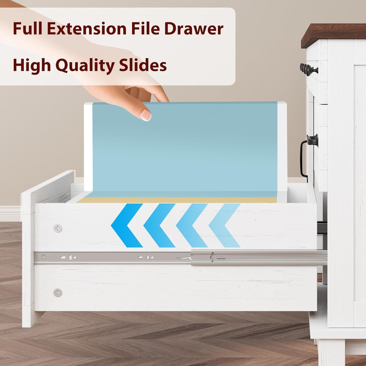 Executive Desk with File Drawers, Farmhouse Home Office Desk with Charging Station, 60 in Wooden Computer Desk with Cabinet Storage for Work Study Writing, White Walunt