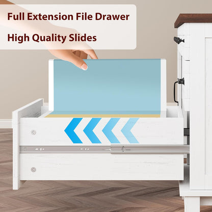 Executive Desk with File Drawers, Farmhouse Home Office Desk with Charging Station, 60 in Wooden Computer Desk with Cabinet Storage for Work Study Writing, White Walunt