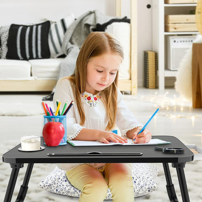 Foldable Laptop Bed Table Multi-Function Lap Serving Tray Dining Table with Storage Drawer and Water Bottle Holder, Slot for Eating, Working on Couch/Sofa (Arc Shape)