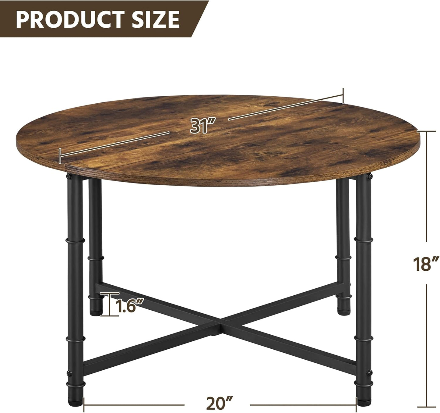 round Coffee Table, Small Coffee Table with Sturdy Metal Legs for Living Room, Rustic Wood Circle Tables Easy to Assemble, 31.5 X 17.7 Inches