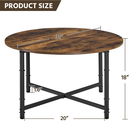 round Coffee Table, Small Coffee Table with Sturdy Metal Legs for Living Room, Rustic Wood Circle Tables Easy to Assemble, 31.5 X 17.7 Inches