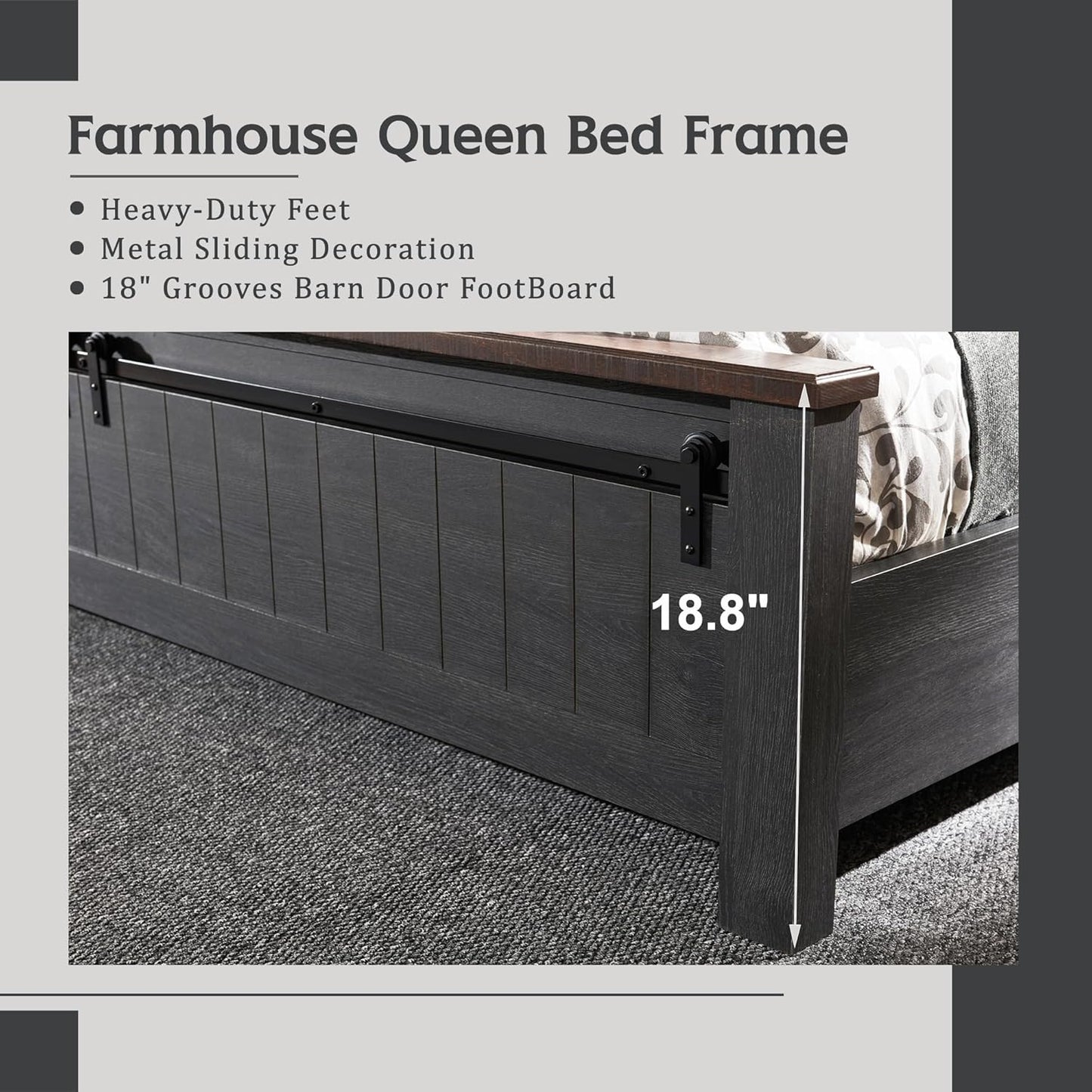 Farmhouse Queen Size Bed Frame with 47" Headboard, Wood Bed Frame with Groove Sliding Barn Door Footboard, Platform Bed with Wood Slats Support, No Box Spring Needed (Dark Grey)
