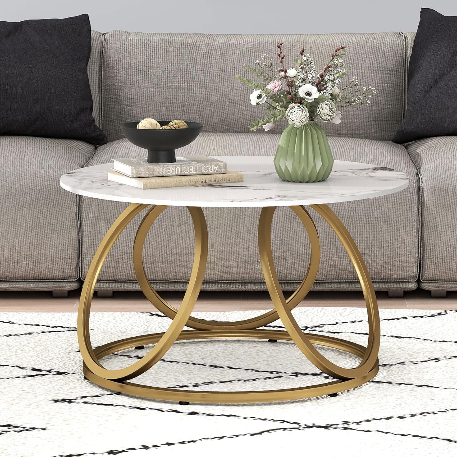 round Coffee Table for Living Room, Modern Coffee Table with Marbling Natural Stone, Gold & White