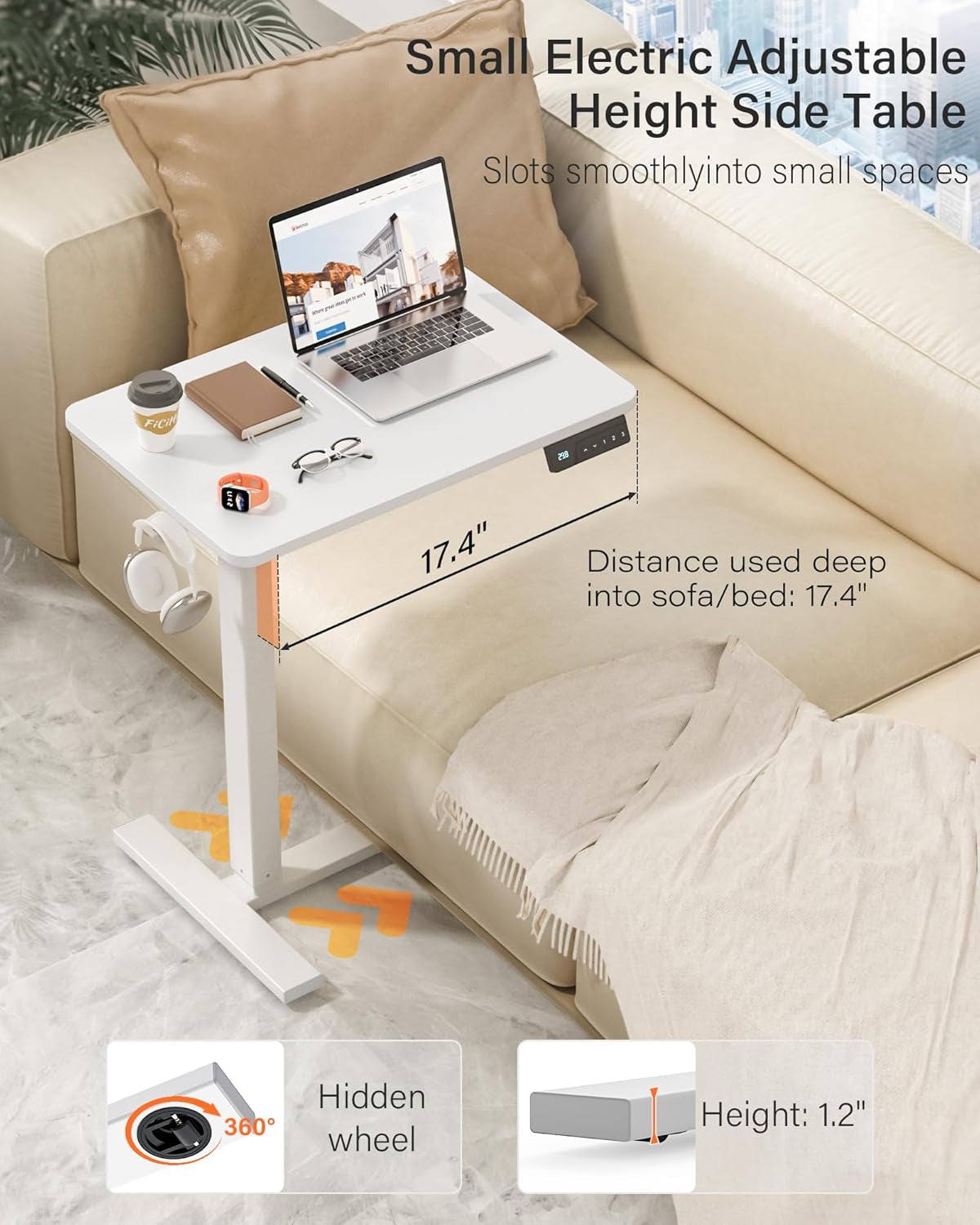 Small Electric Standing Desk - Adjustable Height Bedside Laptop Table with Wheels, Mobile, Portable Rolling Computer Workstation Sit Stand Table for Home Office, Sofa, Couch Use (24X16, White)