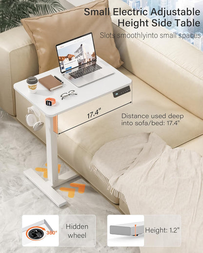 Small Electric Standing Desk - Adjustable Height Bedside Laptop Table with Wheels, Mobile, Portable Rolling Computer Workstation Sit Stand Table for Home Office, Sofa, Couch Use (24X16, White)