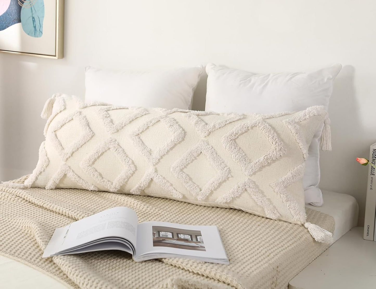 Decorative Long Lumbar Pillow Cover 14X36 Boho,Super Soft Chenille Extra Long Lumbar Pillow Case Cover with Tassel for Bed Sofa Couch Farmhouse Livingroom,White,Modern Skinny